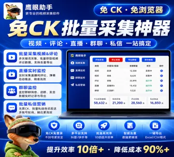 【新品推荐】鹰眼免ck免登陆抖音视频、评论区批量采集、直播间粉丝群24小时监控，批量私信关注点赞