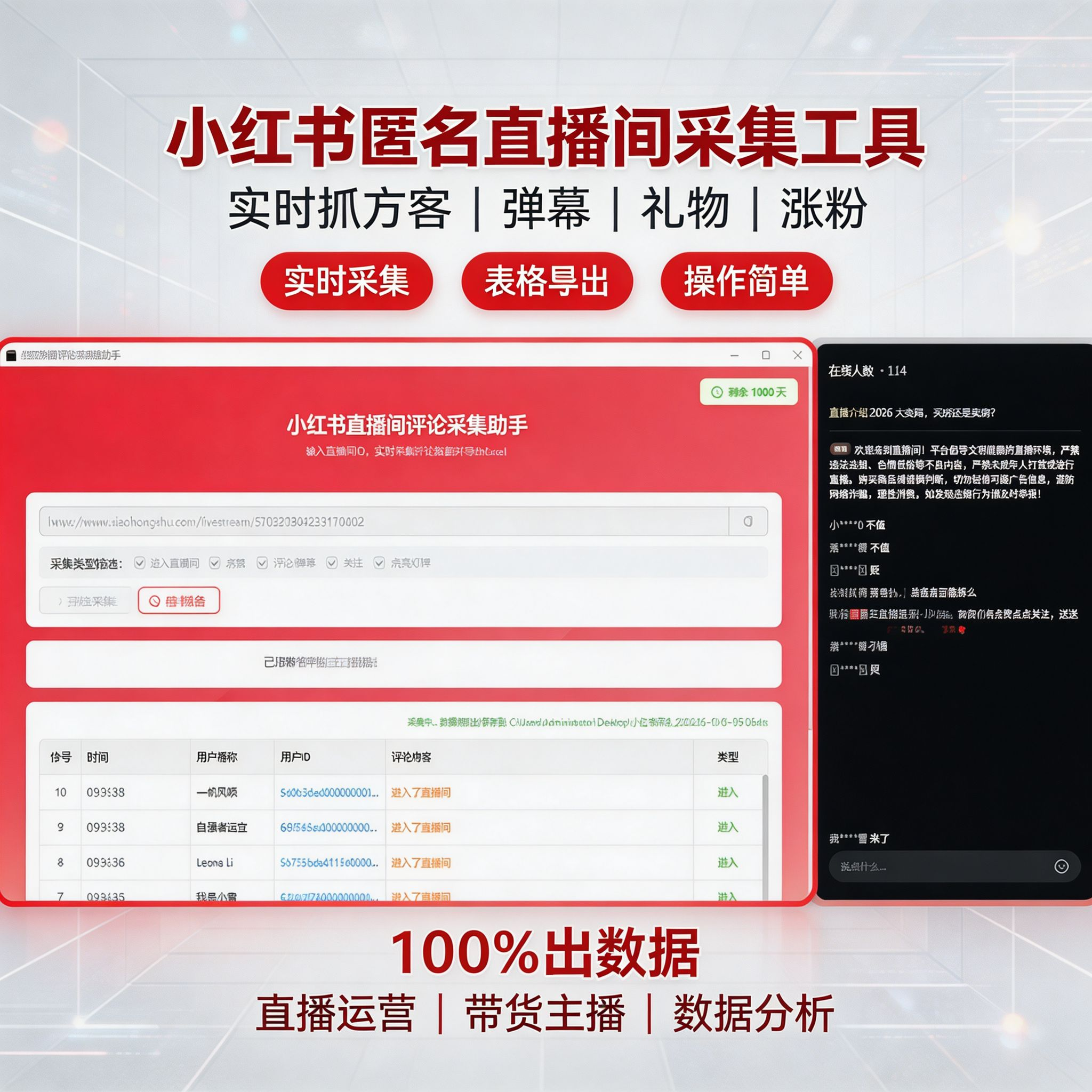 【新品推荐】小红书直播间弹幕采集工具软件实时采集+自动私信、采集礼物、弹幕、导出的截流获客工具